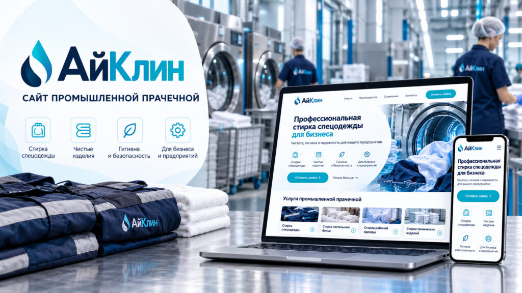 Горизонтальный баннер сайта АйКлин для портфолио с ноутбуком, смартфоном и интерьером промышленной прачечной.